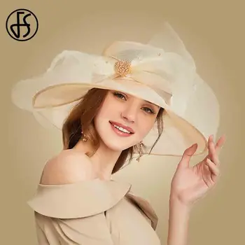 FS בצבע בז ' לבן אורגנזה שוליים רחבים, שמש כובעי נשים כובעי הכנסייה נשים אלגנטי קנטאקי דרבי כובע נשים גדול הקשת פדורה
