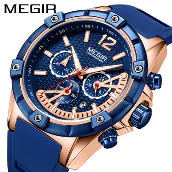 MEGIR מזדמן אופנה כחול סיליקון קוורץ גברים לצפות תכליתי הכרונוגרף שעונים זוהר 30M עמיד למים שעון רלו גבר