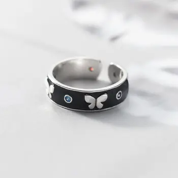 כסף סטרלינג 925 ייחודי שחור Buterfly הטבעת לנשים תכשיטים אצבע מתכוונן פתח בציר הטבעת על מסיבת יום הולדת מתנה