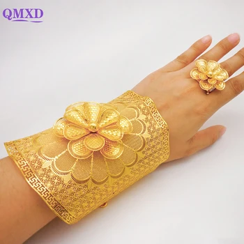 דובאי צבע זהב צמידים עם טבעת לנשים מרוקאי גדול צמיד קסם שרשרת קאף צמידי אפריקה תכשיטי כלה מסיבת מתנות