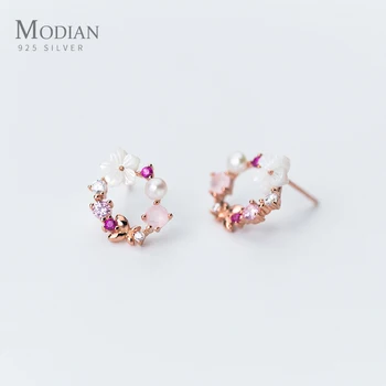 Modian המקורי מותג עגול ורוד פרח זירקון הרבעה עגילי אופנה קסם אמיתי 925 כסף סטרלינג תכשיטים יפים קוריאנית מתנה