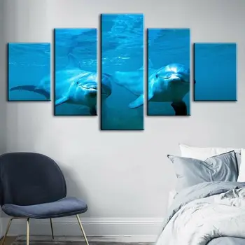 הים דולפין חיות מתחת למים 5 פנל קנבס תמונה להדפיס אמנות קיר קנבס ציור קיר בעיצוב הסלון פוסטר לא ממוסגר