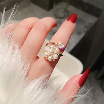 2021 חדש אופנה טרנדי הילדה פנינה קישוט האצבע אישיות פרח טבעת מתכווננת עבור נשים בסדר תכשיטים ואביזרים