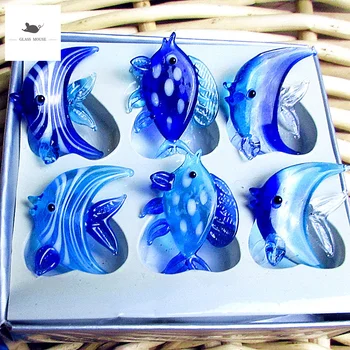 6pcs כחול זכוכית בעבודת יד דג ים קישוט אקווריום אקווריום דקורטיבי פסלון זעיר בעלי חיים ימיים זכוכית פסל קישוט