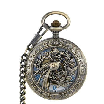 מעולה פזמונים ספירלת פיניקס עתיק קוורץ שעון כיס רטרו ברונזה עף ציפור חיה שרשרת שרשרת תכשיטים מתנות יוניסקס