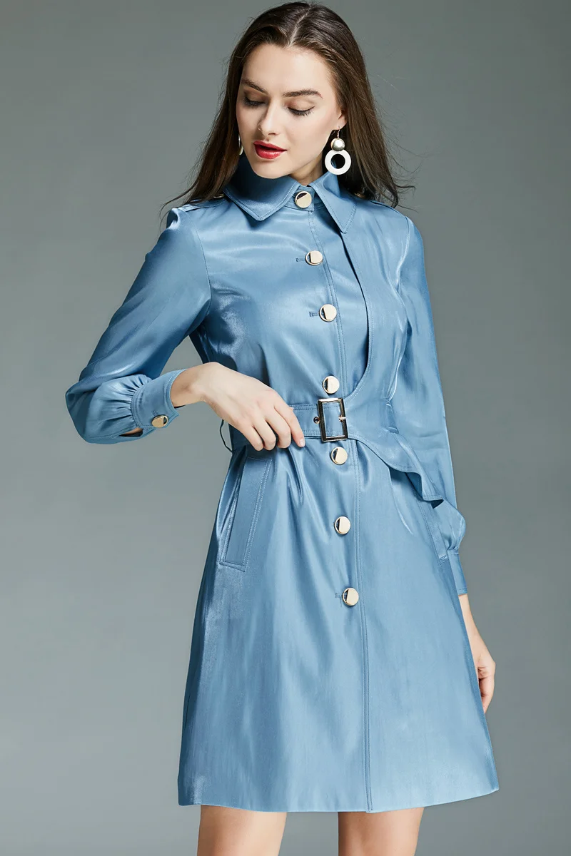 2023 האביב והסתיו משרד ליידי יחיד-שולי המעיל של נשים Tencel כחול מבריק רזה מעיל . ' - ' . 0