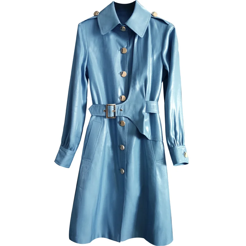 2023 האביב והסתיו משרד ליידי יחיד-שולי המעיל של נשים Tencel כחול מבריק רזה מעיל . ' - ' . 2