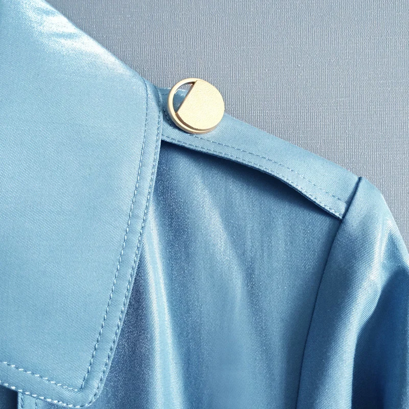 2023 האביב והסתיו משרד ליידי יחיד-שולי המעיל של נשים Tencel כחול מבריק רזה מעיל . ' - ' . 3