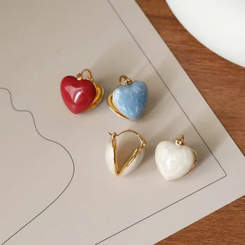 עיצוב פשוט אמייל לבן בצורת לב להשתלשל עגילים לנשים אלגנטי הגיוני אוהבת צבע זהב זרוק עגיל תכשיטים לחתונה