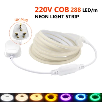 220V COB LED רצועת אור ניאון 10M/20M/35M גמיש אדום כחול לבן ורוד 288 נוריות/מ בריטניה תקע מטבח חיצוני גן עיצוב קלח אור