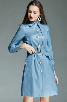 2023 האביב והסתיו משרד ליידי יחיד-שולי המעיל של נשים Tencel כחול מבריק רזה מעיל