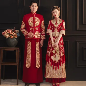 2023 סיני חדש כמה וינטג ' מנדרין Cheongsam צווארון טוסט בגדי תחפושת של דרקון ופניקס רקמה שמלת החתונה
