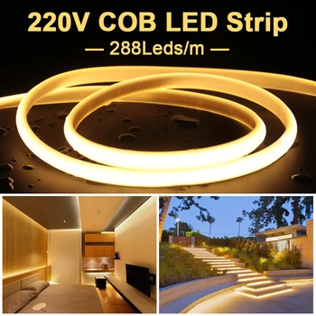 288 לדים/מ ' COB LED רצועת אור 220V רך גמיש הקלטת IP65 עמיד למים עם האיחוד האירופי תקע חשמל 1-50m עבור תאורת גן קישוט