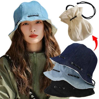 אופנה קוריאנית סגנון מוצק צבע דלי כובעים עבור נשים גברים קיץ לנשימה מתכוונן דלי כובעי שקית אחסון ייעודים הכובע