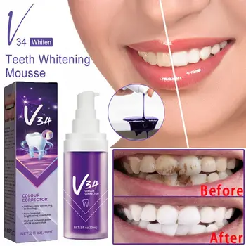 V34 הלבנת שיניים מוס ניקוי עמוק אוראלי אבנית השן צהוב סגול משחת שיניים טיפולי שיניים להלבין תיקון כלי נשימה טרי