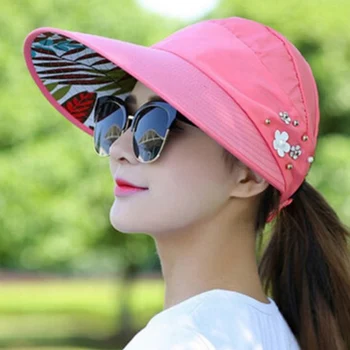 נשים השמש בקיץ כובעים מתקפלים זמן אפס מקום כובע השמש פנינה פרח מגן Suncreen רפוי כובע נשי חיצונית מקרית כובע בייסבול