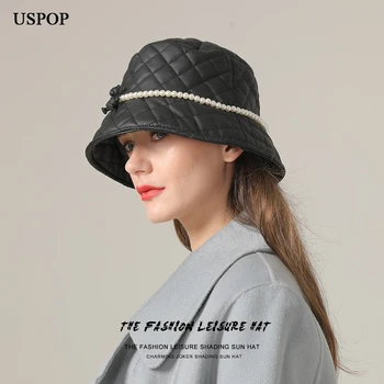USPOP מעצב מותג שחור אריג PU דלי כובעים מזדמנים נשים חורף פרל חמים כובעים