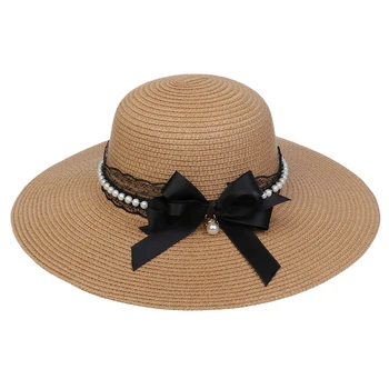 כובע השמש פרל נשים החוף שמש כובע קש פרל תחרה Bowknot נשים כובע השמש Packable חג החוף אביזרים
