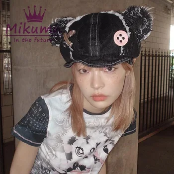 Mikumn יפנית Harajuku Y2k חמוד דוב אוזן כובעי נשים בנות וינטג ' שטף ' ינס כומתה כובעים boina mujer שיק אופנת רחוב