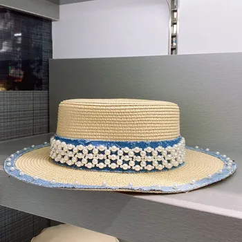 חדש שוליים רחבים, פנינים הלהקה שמש לנשים ג ' ינס קצה מגבעת כובע קיץ קש Fedoras בסדר צמה בנות דרבי חוף כובע UPF50+