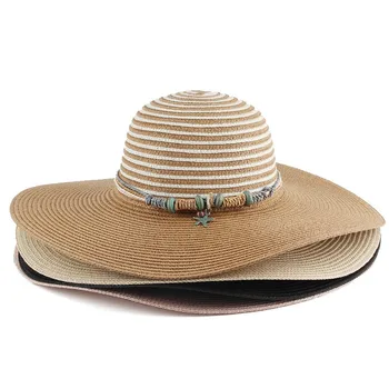FOLIUM PHOTINIAE גדול לשולי הכובע חוף כובע שמשיה קרם עם פסים חוף הים אופנה דק הקיץ