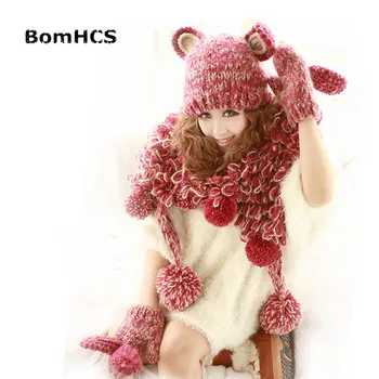 BomHCS ארנב מצחיק האוזניים החורף חם נשים ביני & כפפות & צעיף (3PCS) 100% עבודת יד לסרוג כובע כפפות