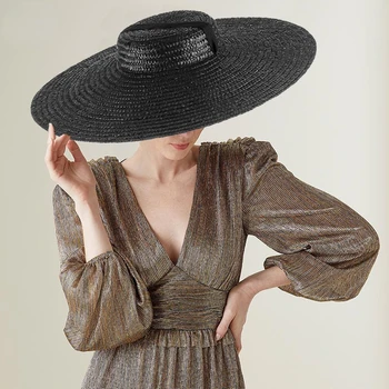 שחור רחב שוליים העליון השטוח הסרט כובע קש כובעי הקיץ לנשים בחורה מגבעת חוף כובע עם חוט קשירה חיצונית חופשה כובע השמש