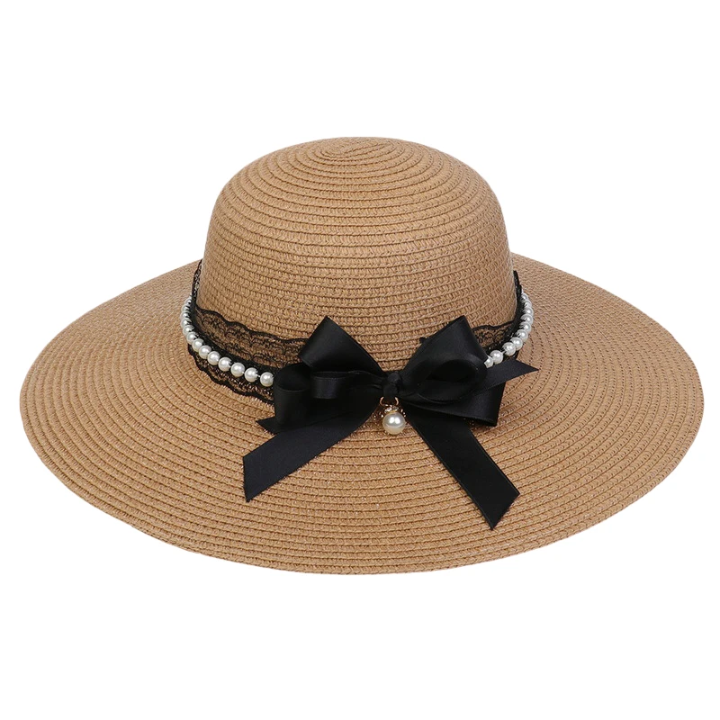 כובע השמש פרל נשים החוף שמש כובע קש פרל תחרה Bowknot נשים כובע השמש Packable חג החוף אביזרים . ' - ' . 0