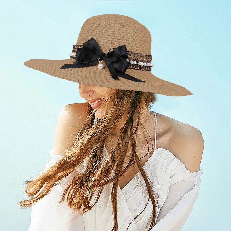 כובע השמש פרל נשים החוף שמש כובע קש פרל תחרה Bowknot נשים כובע השמש Packable חג החוף אביזרים . ' - ' . 1