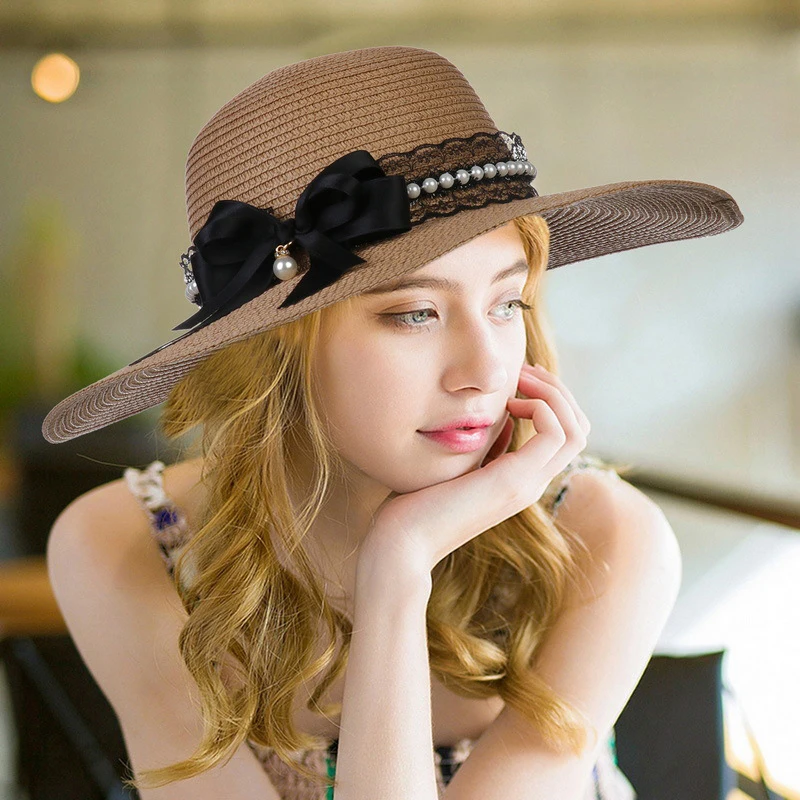 כובע השמש פרל נשים החוף שמש כובע קש פרל תחרה Bowknot נשים כובע השמש Packable חג החוף אביזרים . ' - ' . 2