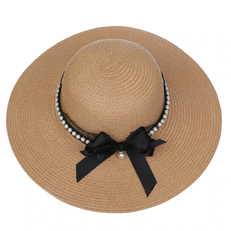 כובע השמש פרל נשים החוף שמש כובע קש פרל תחרה Bowknot נשים כובע השמש Packable חג החוף אביזרים . ' - ' . 3