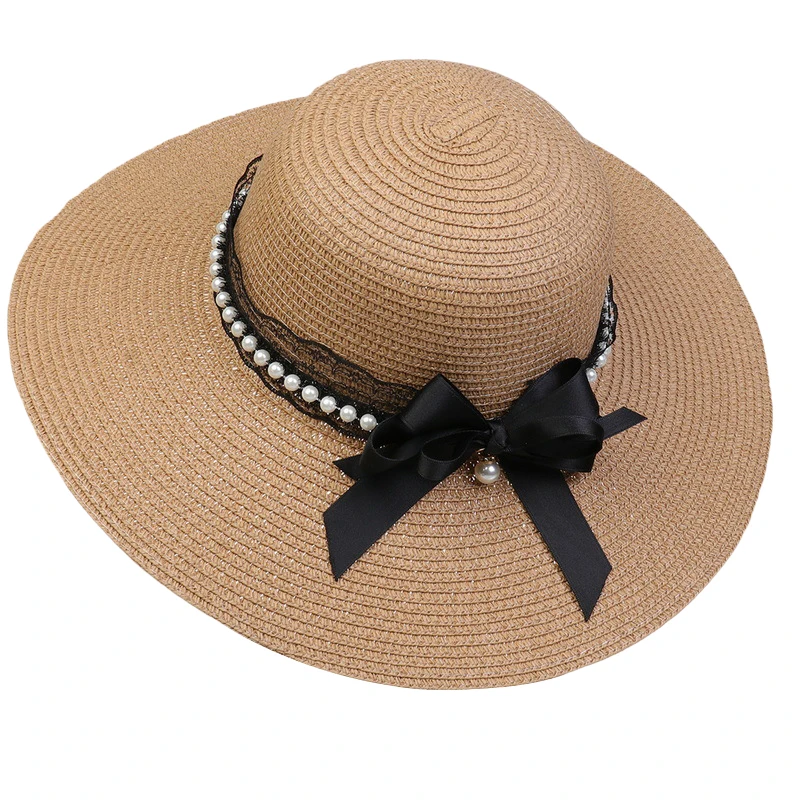 כובע השמש פרל נשים החוף שמש כובע קש פרל תחרה Bowknot נשים כובע השמש Packable חג החוף אביזרים . ' - ' . 4