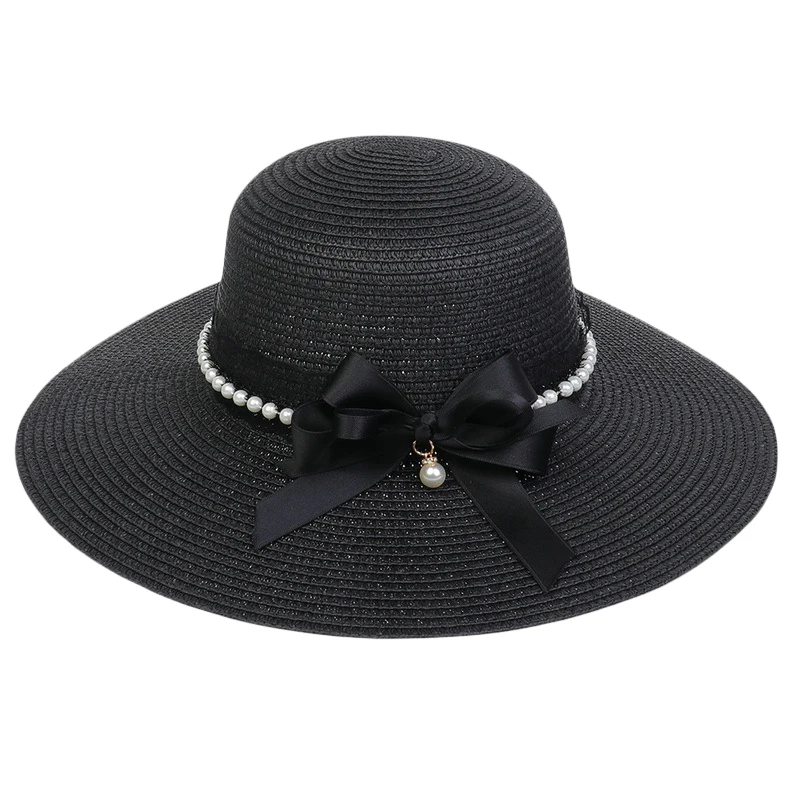 כובע השמש פרל נשים החוף שמש כובע קש פרל תחרה Bowknot נשים כובע השמש Packable חג החוף אביזרים . ' - ' . 5