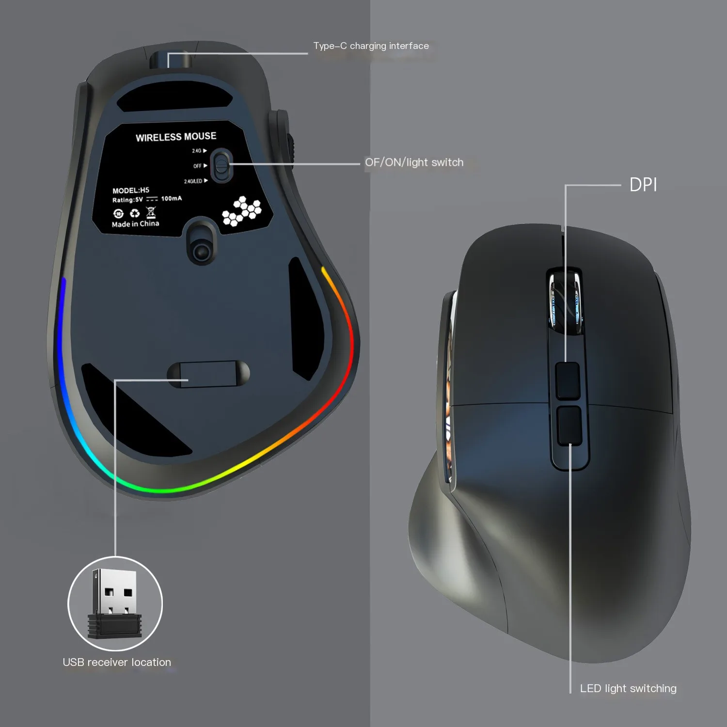 נטענת Bluetooth אלחוטי עכבר ארגונומי 2.4 G אנכי עכברים RGB USB אופטי 6 כפתורים משחקים המשרד Mause עבור מחשב PC . ' - ' . 4