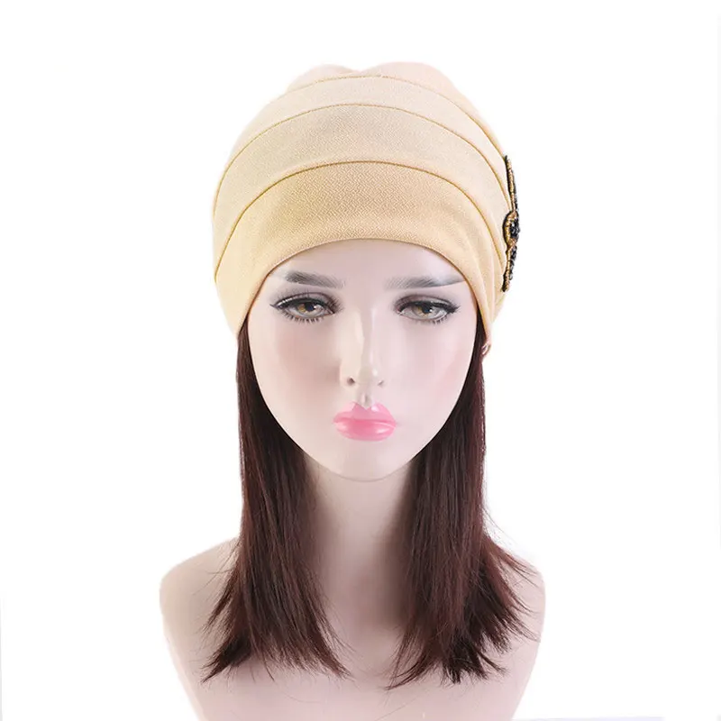 נשים 1PC מעוות מוסלמיות ראש לעטוף מוצק צבע פנימי אלגנטי כובע מצחייה טורבן כימותרפיה כובע עם חרוזים פרח הכובעים . ' - ' . 2