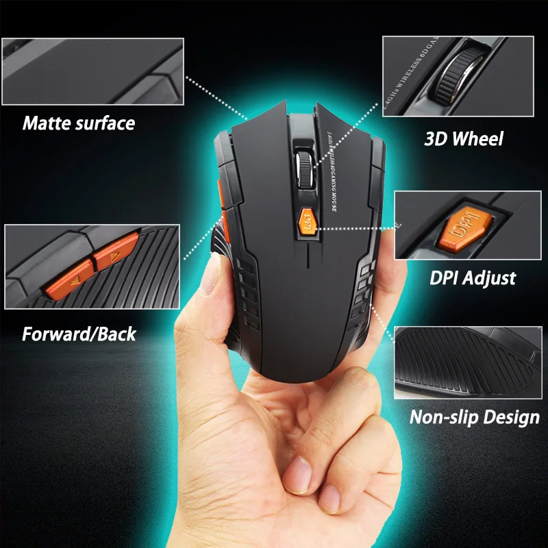 עכבר גיימרים אלחוטי 2.4 ghz מחשב PC נייד Profissional המשחק 1600dpi 2000 DPI USB אופטי עכבר גיימר עיצוב סימטרי 6D . ' - ' . 1