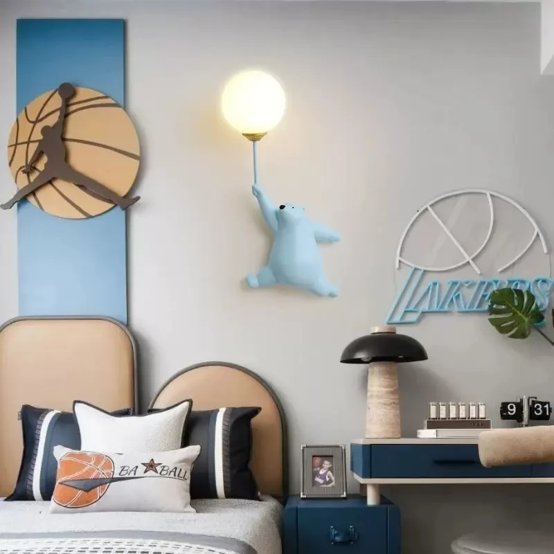 פנים מצוירת קיר אור השינה בלילה הירח המנורה על עיצוב הבית בחדר של הילד רקע מודרני כחול לבן ורוד דוב מנורת קיר . ' - ' . 3