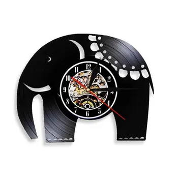 הודי פיל מצויר שעון קיר לעיצוב הבית וינטג ' ספארי חיות התקליט ויניל שעון קיר ילד בחדר ילדים תפאורה קיר אמנות