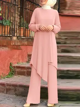 ZANZEA נשים יומיומי שרוול ארוך סימטרית מקסימום חליפות מכנסיים מוצק המוסלמים רמדאן האיסלאמי בגדים 2PCS אופנה התאמת סטים