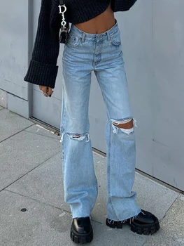 WeiYao קרע ג 'ינס נשים 2023 בקיץ מכנסיים רחבים גבוהה המותניים חור ארוך ג' ינס מכנסיים Y2k אופנת רחוב משוחרר התלקח ג ' ינס הנשי