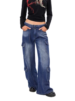 נשים עם קו מותן גבוה רחב רגל סרבל מכנסיים Y2K בדוגמת באגי התלקח שולי הג ' ינס סטרץ בל התחתונה מכנסיים