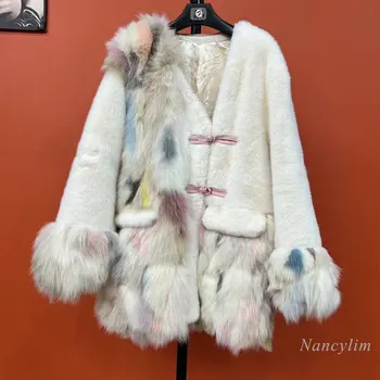 צבעוני פרווה מעיל נשים בגדי החורף 2022 חדש פרווה תיקון מלאכותי מינק V צוואר רופף מעיל ארוך שרוול ארוך צוואר V חם, מעילים.