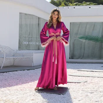 2022muslim הערבי שמלה מוצקה אלגנטי תחרה נוצה שרוולים דובאי זמן