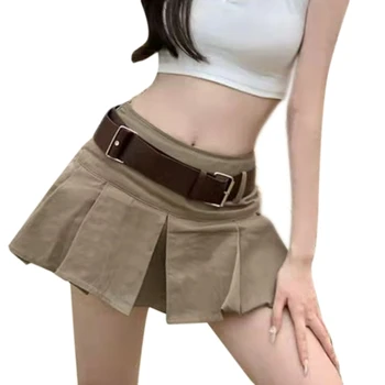 נשים באמצע מותניים קפלים Hem קו A-מיקרו מיני מחליק חצאית עם חגורה הפנימי קצרים.
