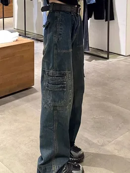 2023 הקיץ של נשים Harajuku מכנסיים Y2K גבוהה המותניים אופנת רחוב ה-90 ג ' ינס באגי CozyFull אורך ישר כיסים רחב הרגל המכנסיים