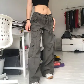 Harajuku בציר ה-90 אסתטי מותן נמוכה מכנסיים רחבים הרגל באגי ג 'ינס Y2K כיסי מכנסי דגמ