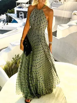 נשים אלגנטי פולקה דוט הדפס שיפון קפלים שמלת מקסי בסגנון בוהו שרוולים חוף ללבוש חג סקסי שמלת שמלה ארוכה מזדמן
