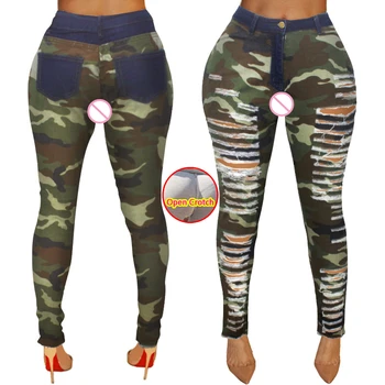 אישה פתח במפשעה ג ' ינס Camoufalge Y2k לדחוף עלייה גבוהה חותלות Outodoor עיצוב רוכסן מוסתר Crotchlesss מכנסיים מכנסיים סקסי