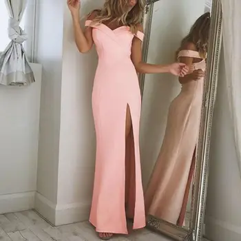 נשים שמלות ערב נמוך-לחתוך את הכתף ללא משענת שרוולים פיצול שולי Slim Fit גבוה מותן באורך מלא לנשף מקסי ress