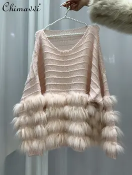 2022 הסתיו-חורף החדשה אופנה פרווה סרוג מעיל לנשים קצרים צוואר עגול סוודר ארוך שרוול סוודר נקבה העליון